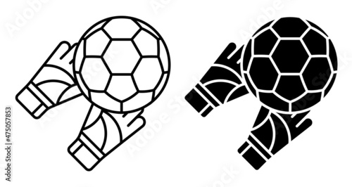 Linear icon. Goalkeeper gloved hands catch flying soccer ball. Football goalie gear to protect football goals. Simple black and white vector isolated on white background
