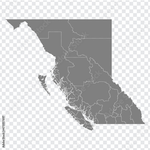 British Columbia map on transparent background. Municipalities of British Columbia map with  municipalities in gray for your web site design, logo, app, UI. Canada. EPS10.
