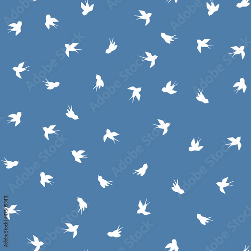Seamless pattern with white swallow silhouette on blue background. Cute bird in flight. Vector illustration. Doodle style. Design for invitation, poster, card, fabric, textile