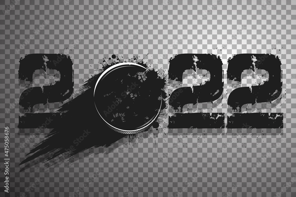 Obraz premium Numbers 2022 and flying abstract hockey puck made from blots with by milky way in grunge style. Happy New Year 2022. Design template for greeting card. Vector illustration on isolated background