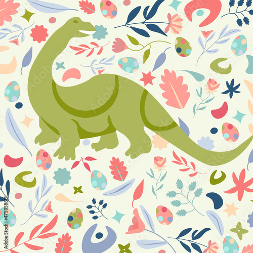 Abstract Dino Floral vector seamless pattern  tiles . Endless textures can be used to print onto kids fabrics  textiles and paper or invitations. 