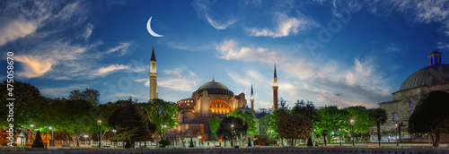 Vászonkép Hagia Sophia Mosque under sky with young moon in early morning