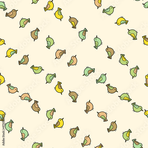 Seamless pattern with funny colorful birds. Color flat vector illustration with little cartoon bird. Cute characters. Template design for invitation, poster, card, flyer, textile, fabric for kids