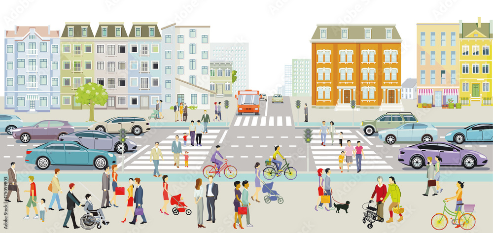 Leben in der Stadt im Wohnviertel mit Straßenverkehr, Fußgänger und Familien in der Freizeit, Illustration
