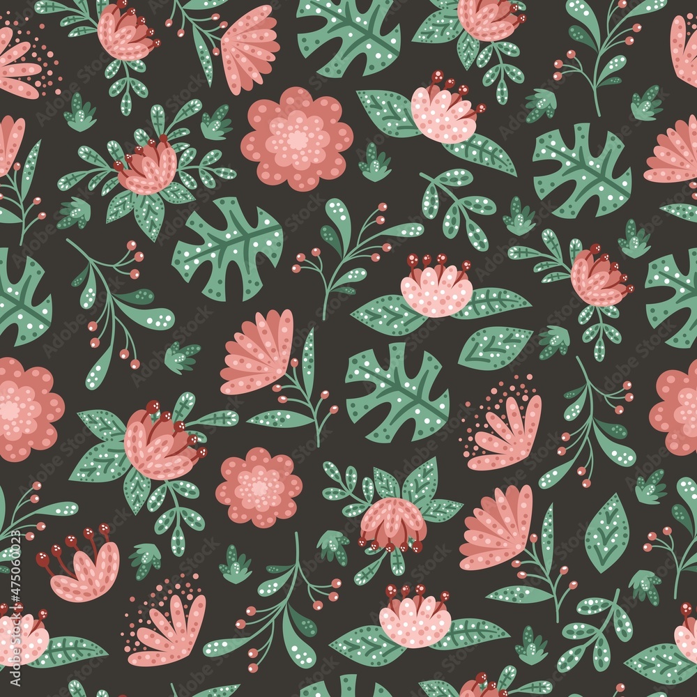 Fototapeta premium Floral vector pattern. Cute minimalistic flowers and leaves. Flowers on a black background.