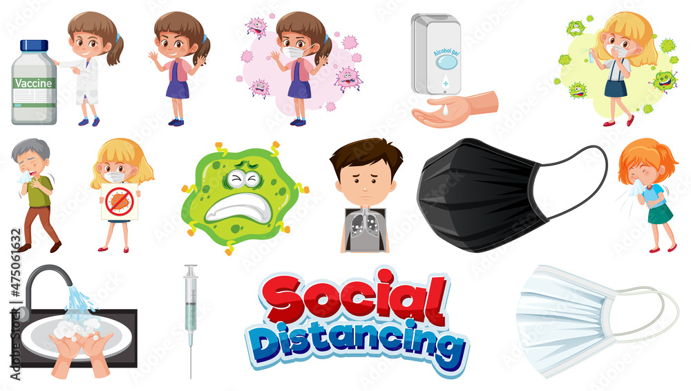 Cartoon character and Coronavirus vaccination isolated objects Cartoon character and Coronavirus vaccination isolated objects