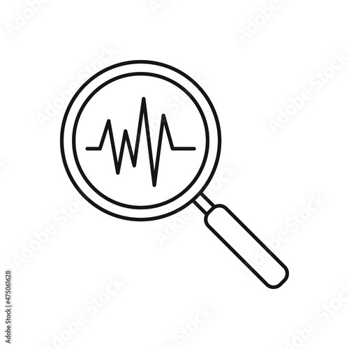 Heartbeat in magnifying glass icon. Cardiology symbol. Medical pressure sign. Vector line icon.
