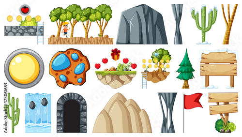 Set of isolated fantasy space game objects and elements