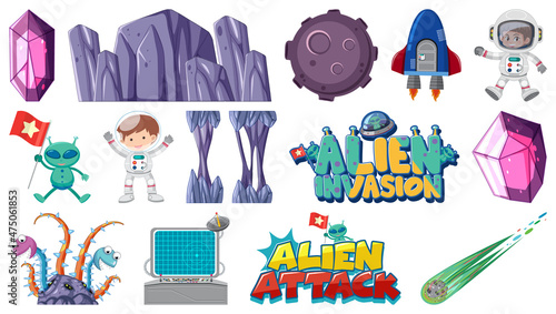 Isolated fantasy space game objects and elements set