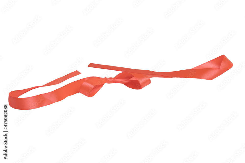 Gift bows. Closeup of a decorative red ribbon bow made of silk for gift box isolated on a white background. Decorations background. Macro photograph. Gift bows. Closeup of a decorative red ribbon bow made of silk for gift box isolated on a white background. Decorations background. Macro photograph.