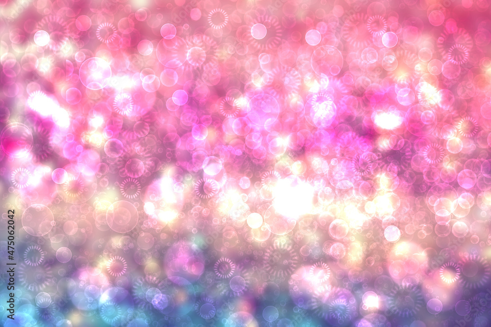 A festive abstract orange pink blue gradient background texture with glitter defocused sparkle bokeh circles. Card concept for Happy New Year, party invitation, valentine or other holidays.