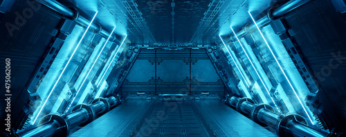 Fotografia, Obraz Blue spaceship interior with neon lights on panel walls