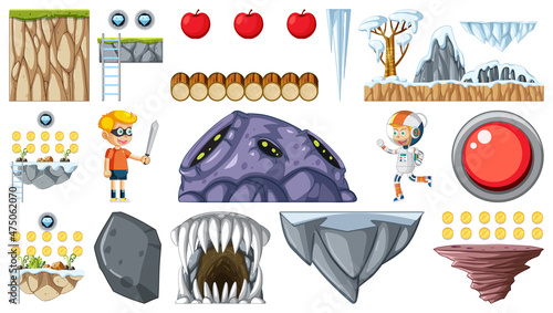 Isolated fantasy space game objects and elements set