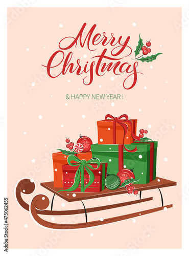 Christmas card with set gifts, with winter decorations sleigh ride. Lettering Merry Сhristmas and New Year holiday. Vector illustration