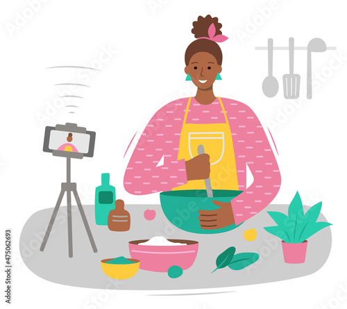 Food blogger creating content. Afra american woman are cooking while recording video. Online cooking course. Culinary video blog or channel. Modern vector flat illustration. Isolated on a white. 