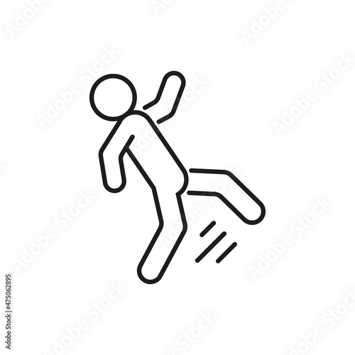 Man slip and fall down to floor, outline icon. Slippery floor, slipped and fell. Danger fail, fall and getting trauma, damage. Vector line illustration