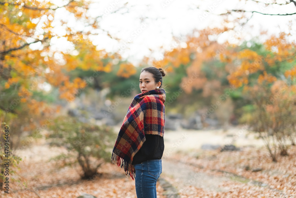 紅葉の公園で遊ぶ女性 紅葉の公園で遊ぶ女性
