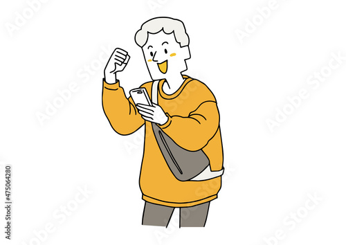 スマートフォンを見ながら拳を突き上げる男性　勝利や栄光を喜ぶ人　ゆるい手描きのイラスト