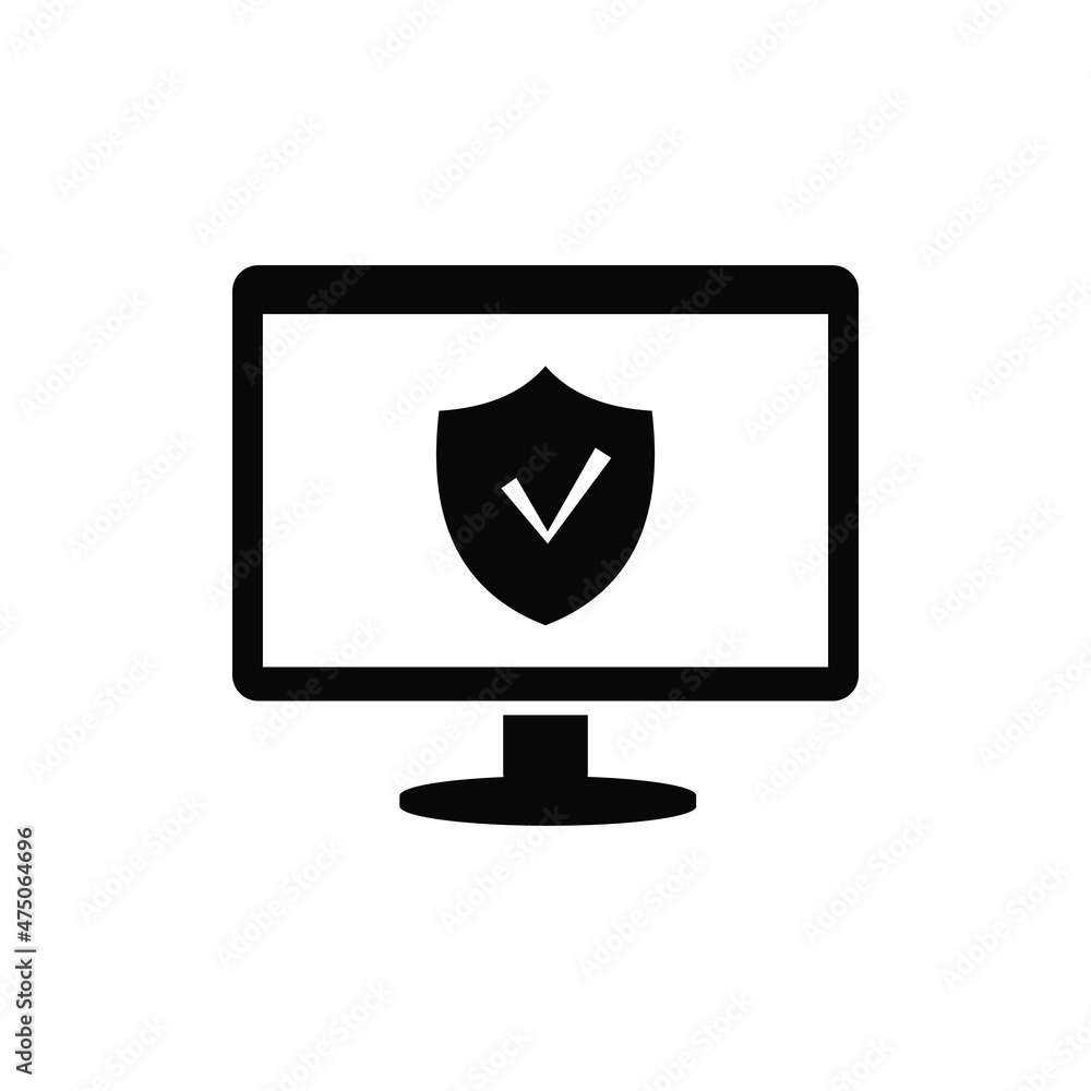 A computer and a shield with a check mark icon on the screen. The concept of the protection of users and confidential information on the Internet. Solid black vector icon isolated A computer and a shield with a check mark icon on the screen. The concept of the protection of users and confidential information on the Internet. Solid black vector icon isolated