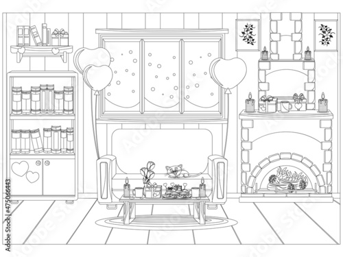 Vector illustration of the interior of the room prepared for the celebration of Valentine's day. Coloring book.