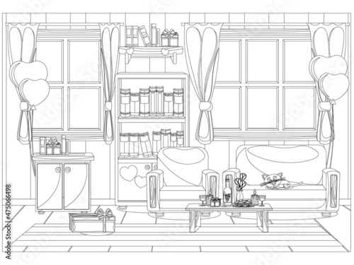 Vector illustration of the interior of the room prepared for the celebration of Valentine's day. Coloring book.