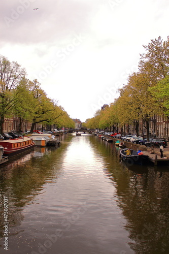 Beautiful view of the canals in the city of Amsterdam. 