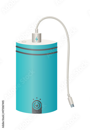 Power bank mockup with USB cable. Colorful portable charger device. External battery for charging with modern design. Powerbank isolated on white background