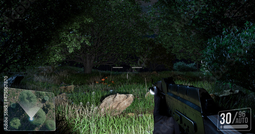 Fotografi First person shooter war game screenshot concept - man running with an AK-47 rif