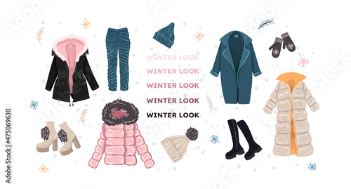 set of fashionable winter clothes, isolated on white background. Trend illustration, modern women look. winter jacket with fur, quilted puffed trousers, hat with pompom, high-heeled shoes