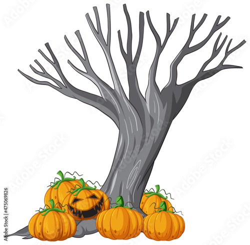 Jack o'lantern pumpkin with dead tree