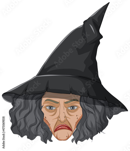 Wicked old witch face on white background