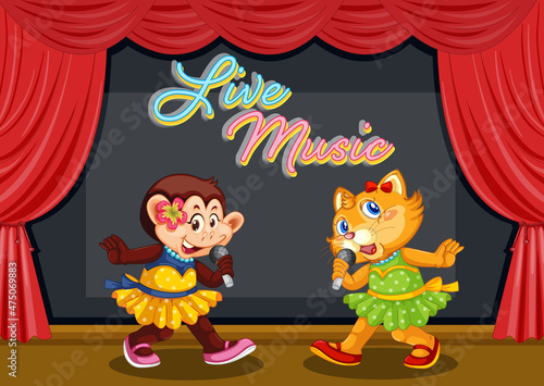 Monkey and cat performing singing on stage