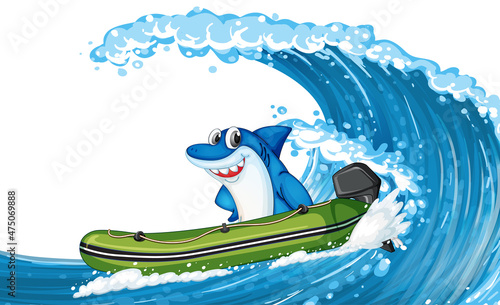 Happy shark on inflatable boat with ocean wave