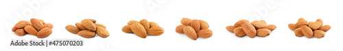 Set with tasty almond nuts on white background. Banner design