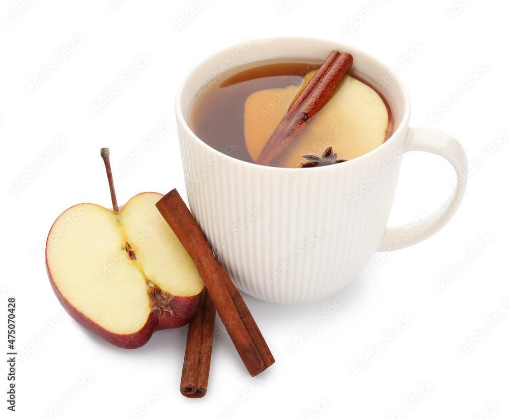 Cup of tasty apple tea with cinnamon on white background Cup of tasty apple tea with cinnamon on white background