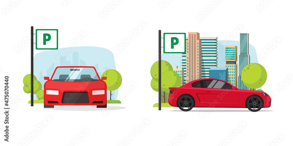 Parking lot zone for car vector or automobile park space area on city street scene flat cartoon illustration, auto stop station spot with sign Parking lot zone for car vector or automobile park space area on city street scene flat cartoon illustration, auto stop station spot with sign