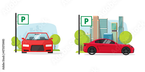 Parking lot zone for car vector or automobile park space area on city street scene flat cartoon illustration, auto stop station spot with sign © vladwel