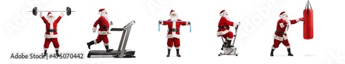 Santa clauses exercising with different sports equipment