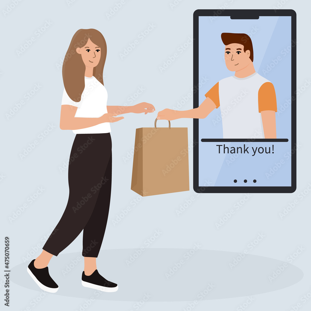 Online shopping on internet using mobile smartphone. Courier gives parcel to customer. Online shopping on internet using mobile smartphone. Courier gives parcel to customer.