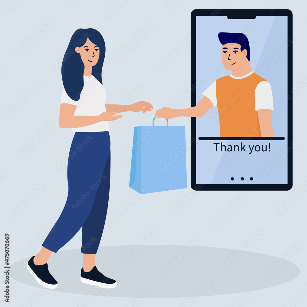 Online shopping on internet using mobile smartphone. Courier gives parcel to customer. Online shopping on internet using mobile smartphone. Courier gives parcel to customer.
