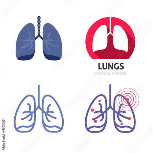 Lungs bronchus healthy vector logo icon and bronchial tuberculosis disease as asthma or breath illness flat cartoon and line outline illustration isolated, bronchi silhouette shape organ ache