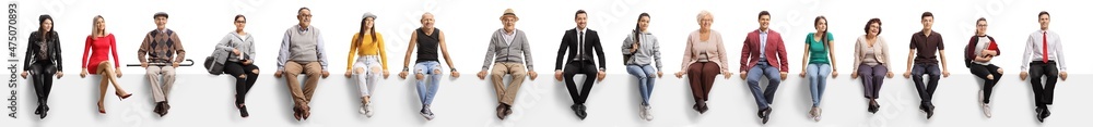 Young and elderly people sitting on a blank panel - obrazy, fototapety, plakaty 