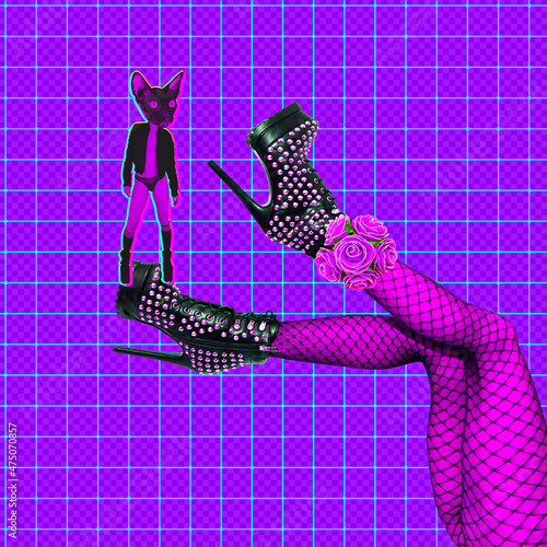 Slika na platnu Collage with sexy swag  clubbing Kitty and sexy legs in trendy purple  space