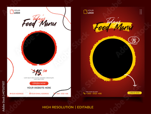 Set of food social media templates. with editable element and black, white, yellow color. Trendy social media templates