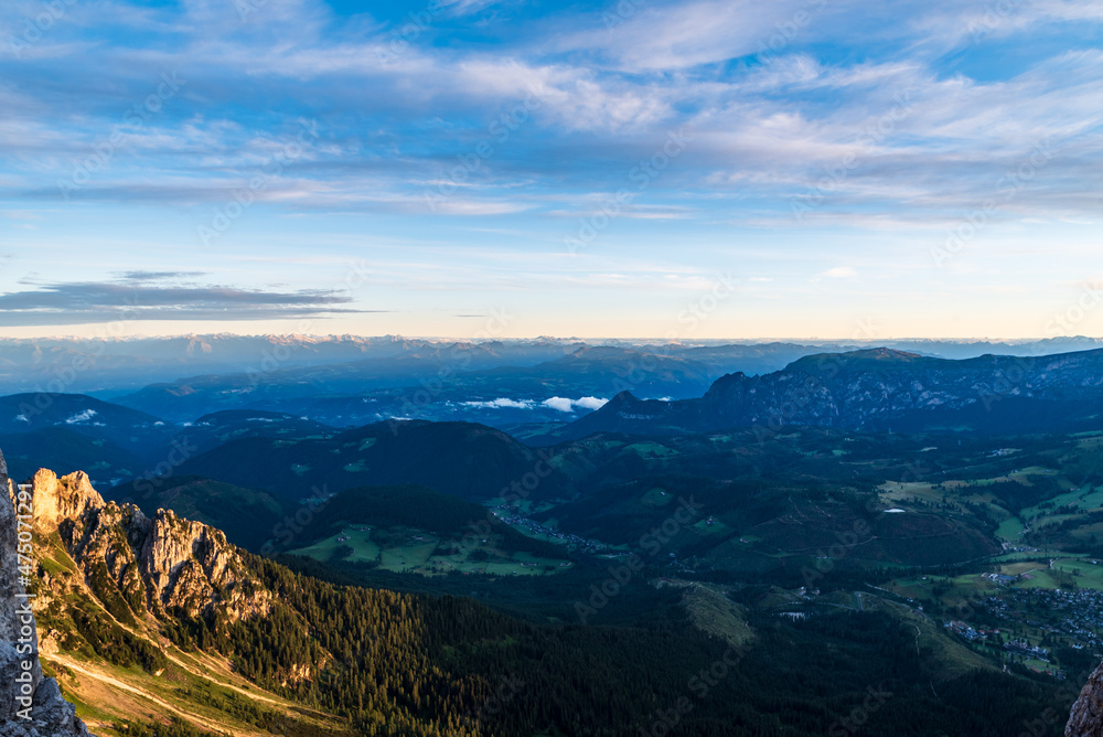 Morning view from Bivacco Mario Rigatti in Latemar mountain group in Dolomites mountains