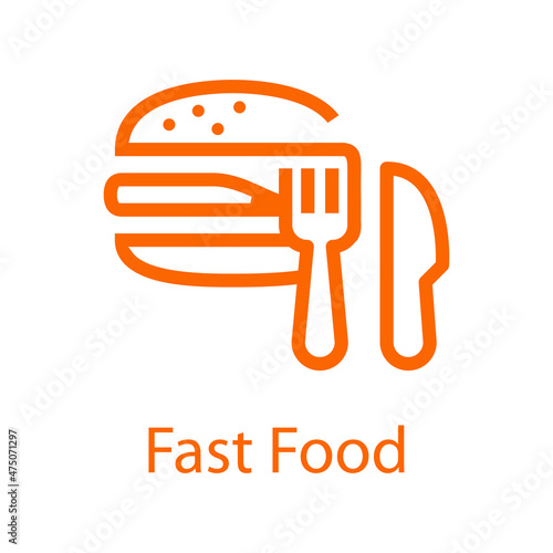 Comida para llevar. Banner con texto Fast Food con cubiertos con hamburguesa con líneas en color naranja
