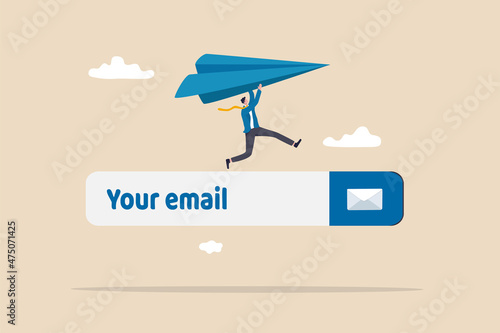 Email subscription to send newsletter for promotion and product update, online communication and marketing concept, businessman launching origami paper airplane on email subscribe form on website.