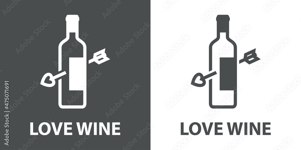 Logotipo con texto Love Wine con botella de vino con flecha de cupido con lineas en fondo gris y fondo blanco Logotipo con texto Love Wine con botella de vino con flecha de cupido con lineas en fondo gris y fondo blanco