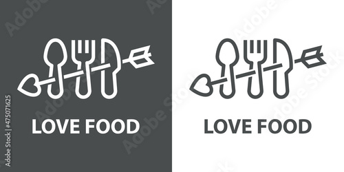Banner con texto Love Food con cubiertos con flecha de cupido con líneas en fondo gris y fondo blanco