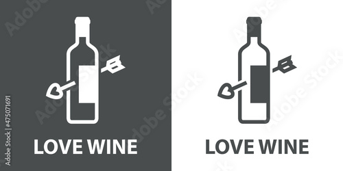 Logotipo con texto Love Wine con botella de vino con flecha de cupido con lineas en fondo gris y fondo blanco